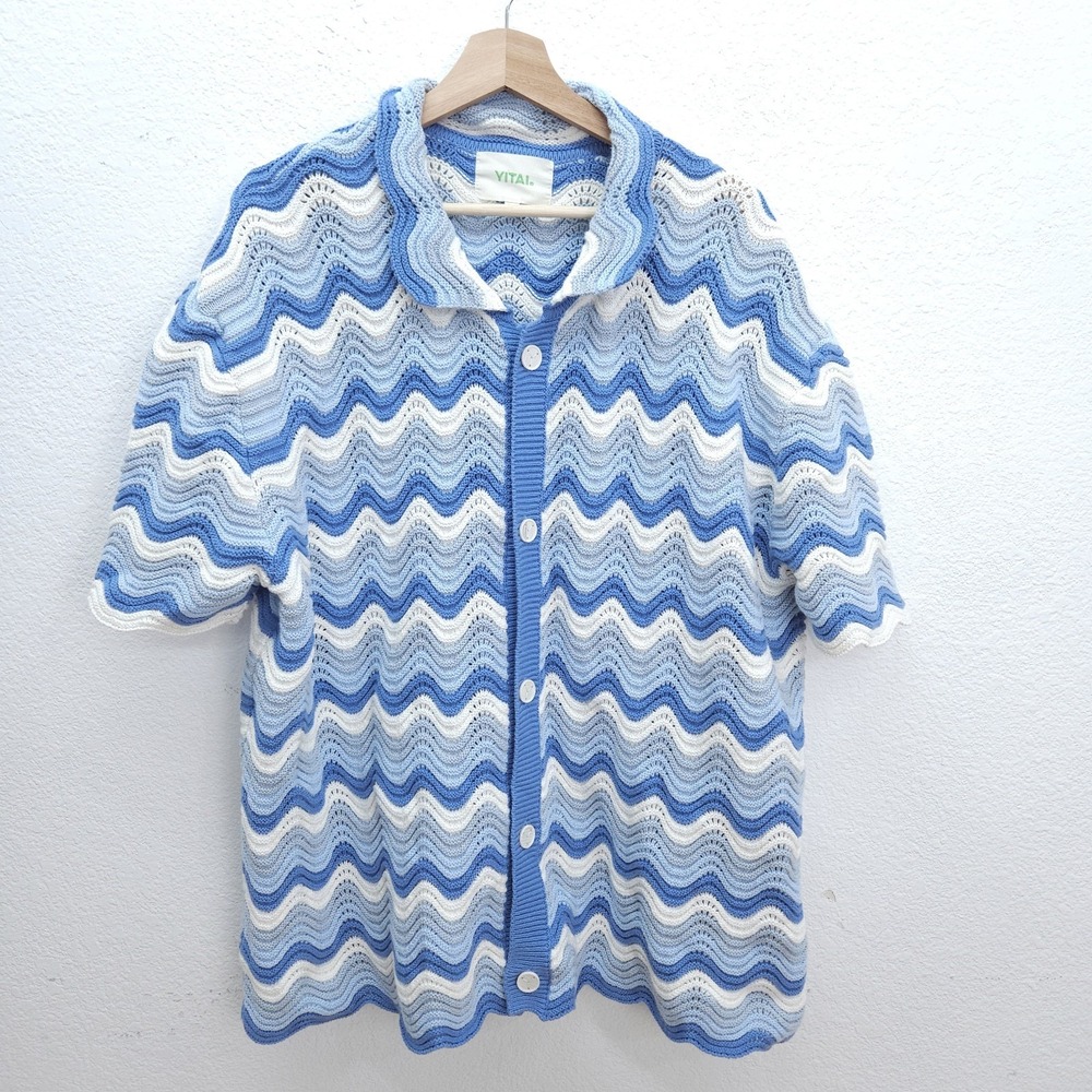 Yitai Cardigan Sweater Shale Stitch Knit  Blue White Short Sleeve Button Up XL